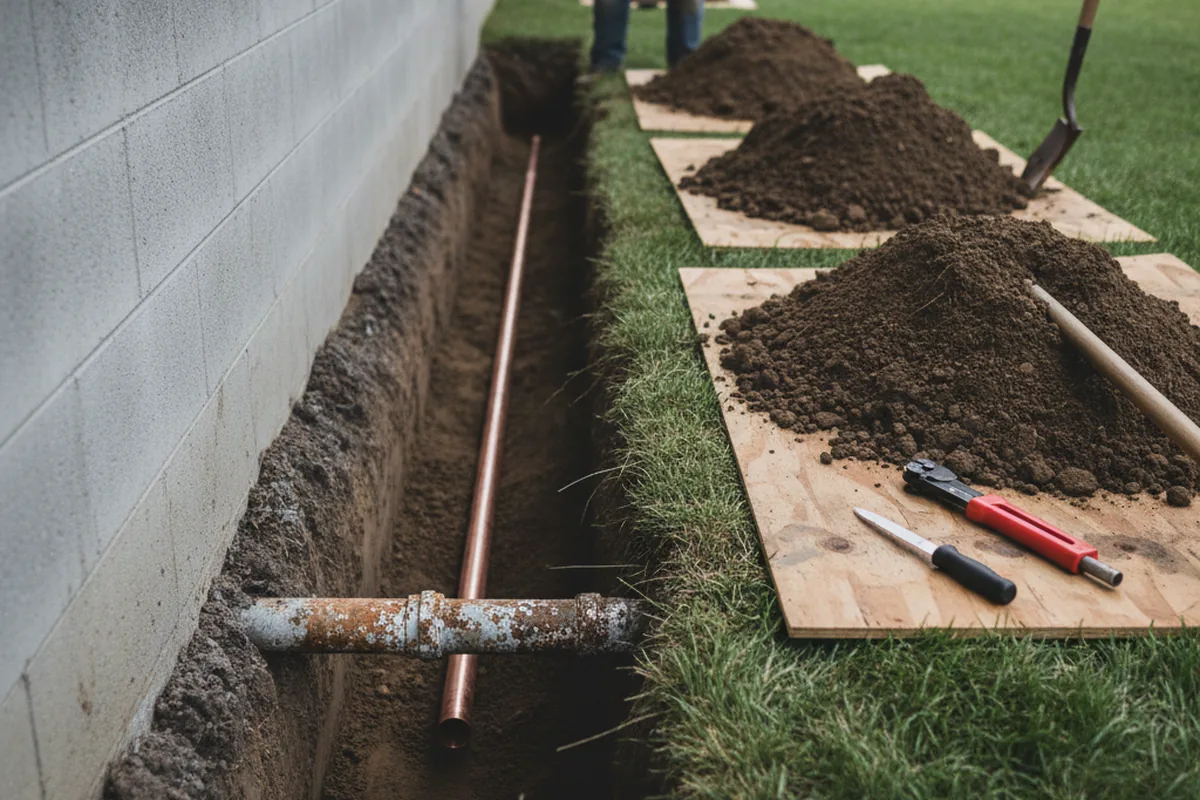 Excavated water line trench during Water Heater Repair in Enon